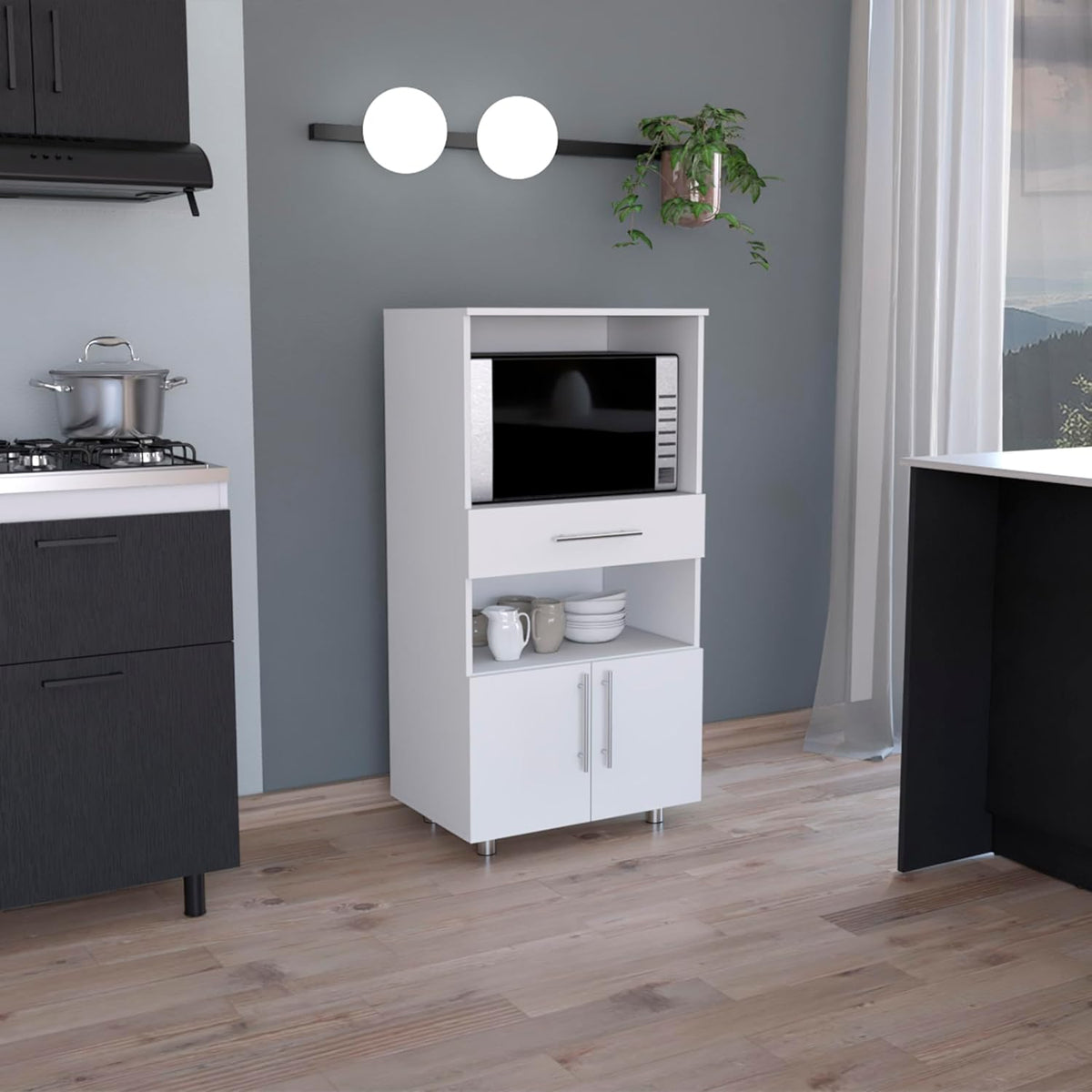 Kitchen Pantry 48" H, Two Open Storage Shelves, One for Microwave, Two Doors, Four Legs, White