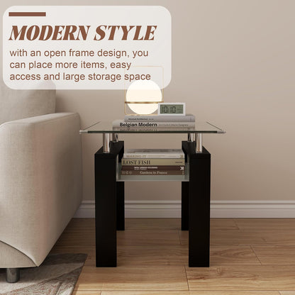 2-Tier End Table with Tempered Glass Top and MDF Frame, Modern Black Square Side Table with Storage Shelf for Living Room, Bedroom, Apartment, Easy to Assemble
