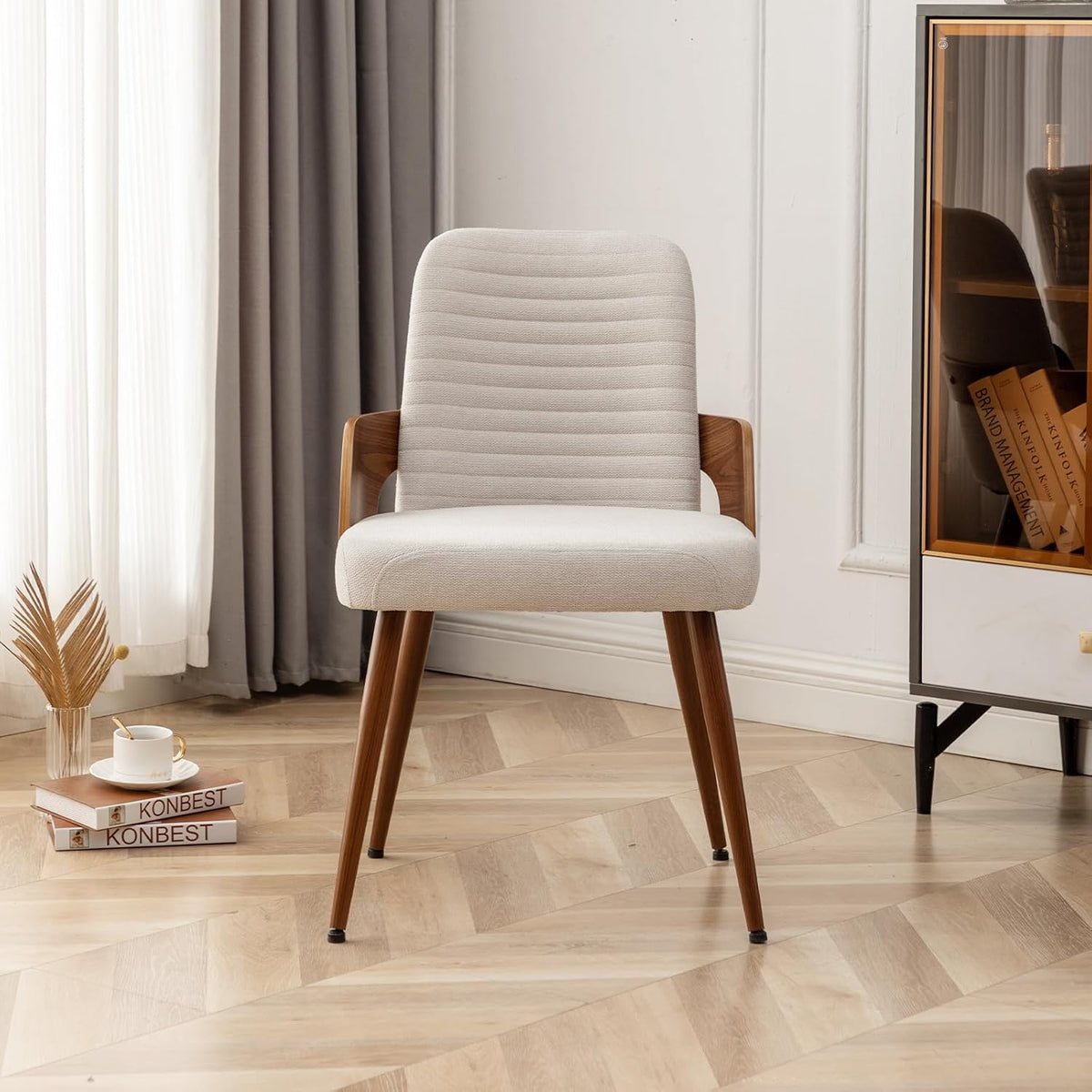 Dining Room Chairs,Mid Century Modern Kitchen Chairs,Upholstered Beige Fabric Accent Chairs,Metal Legs Wooden Desk Chairs Armless and No Wheels for Kitchen Dining Living Room,1PCS