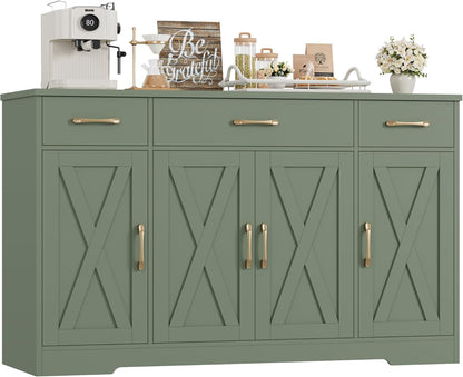 HOSTACK Buffet Sideboard Cabinet with Drawers, 55" Large Buffet Storage Cabinet with Shelves and Doors, Modern Farmhouse Coffee Bar Station for Kitchen, Dining Room, Green