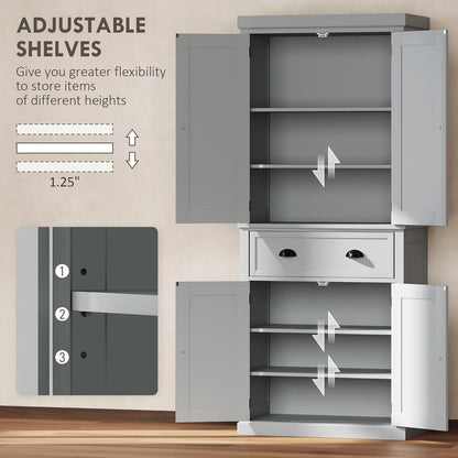 HOMCOM 72.5" Kitchen Pantry Cabinet, Traditional Freestanding Storage Cabinet with 4 Doors, Drawer and 3 Adjustable Shelves for Dining Room, Gray