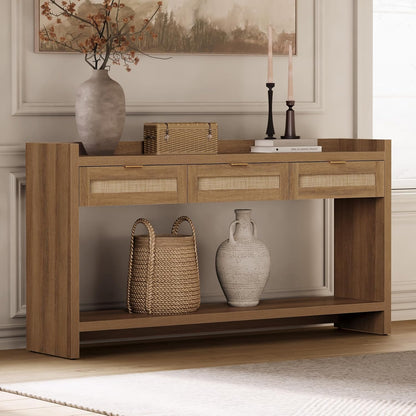 SICOTAS 60" Rattan Console Table for Entryway - Farmhouse Entry Table Sofa Table with 3 Drawers, Narrow TV Console Table with Storage for Living Room, Hallway, Couch, Foyer