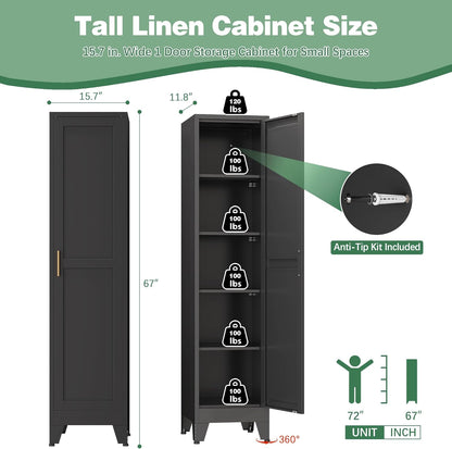 Bevivog Tall Narrow Storage Cabinet, 67" Single Door Metal Storage Locker Cabinet, Freestanding Tall Kitchen Pantry Cabinets for Small Space