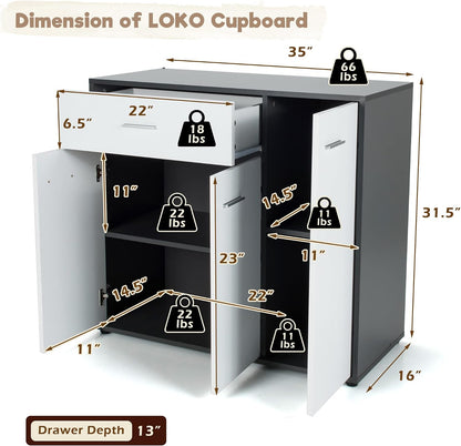 LOKO Buffet Cabinet with Storage, Multifunctional Kitchen Storage Cabinet with Adjustable Shelf & Anti-toppling Devices, Sideboard Side Table in Modern Style, 35 x 16 x 31.5 inches