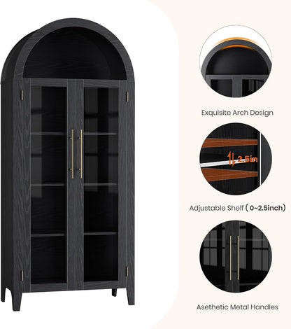 Garvee Arched Cabinet with Glass Doors, 5-Tier Kitchen Pantry Cabinet with Adjustable Shelves, Farmhouse Display Storage Cabinet for Dining Room, Living Room, Black