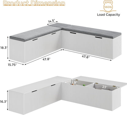Mekminop Kitchen Breakfast Nook Bench, Backless Wood Corner Bench with Cushion Seat, L Shape Dining Bench with Hidden Storage Space, White