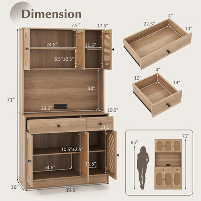 GOFLAME Kitchen Pantry Cabinet with Charging Station, 71" Tall Freestanding Kitchen Buffet with Hutch, Drawers and PE Rattan Doors, Boho Sideboard Buffet Cabinet, Natural