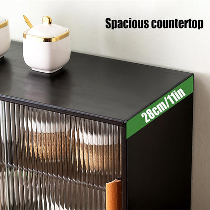 Countertop Storage Cabinet with 2 Sliding Striped Glass Doors, Freestanding Kitchen Bamboo Pantry Sideboard with Adjustable Shelf, Black Utility Cupboard for Home Bar, Coffee Bar