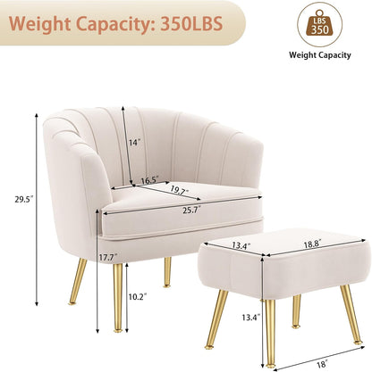 Andeworld Velvet Accent Chair with Ottoman, Barrel Armchair, Beige | Velvet Upholstery Side Chair, Includes Ottoman, Golden Metal Legs, 350 Lb Capacity, Living Room Bedroom Office
