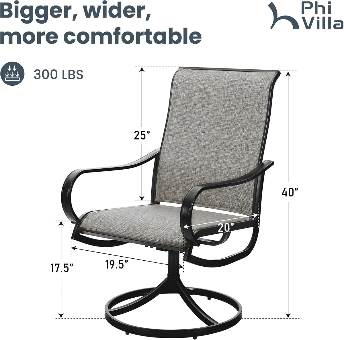 PHI VILLA Patio Swivel Dining Chairs Set of 2, Outdoor Metal Chair with Textilene Mesh Fabric, Patio Chair with Armrest, Black Frame for Patio Deck Garden