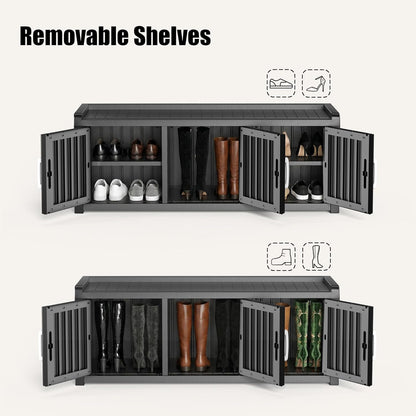 EFU Shoe Bench with Storage, Shoe Cabinet Indoor Outdoor with Adjustable Shelves, Waterproof Shoe Organizer with 3 Doors for Entryway, Bedroom, Living Room (Black)