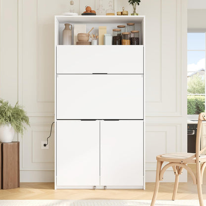 Tall Pantry Cabinet with Power Outlet, Multifunctional Cupboard with Adjustable Shelf, Hutch and Foldable Workstation for Dining Room, Living Room (White)