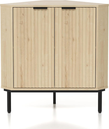 EYYTHUNG Fluted Corner Cabinet, Modern Small Corner Floor Cabinet with 2 Doors and 2-Tier Shelves, Freestanding Narrow Organizer for Living Room Kitchen Bathroom, Light Oak