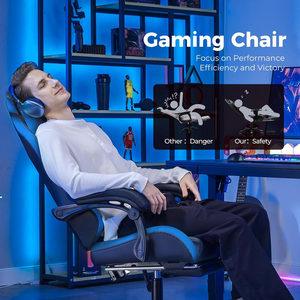 GTPLAYER Gaming Chair with Footrest, Video Game Chairs Racing Style PC Game Chairs 350lbs for Adults - Padded High Back Ergonomic Reclining Silla Gamer, Linkage Armrest, Blue