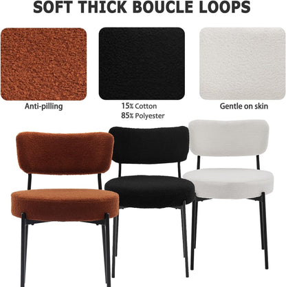 Boucle Dining Chair Set of 6, Mid Century Modern Upholstered Kitchen Chairs with Curved Backrest & Black Metal Legs, Round Dining Room Chairs, White
