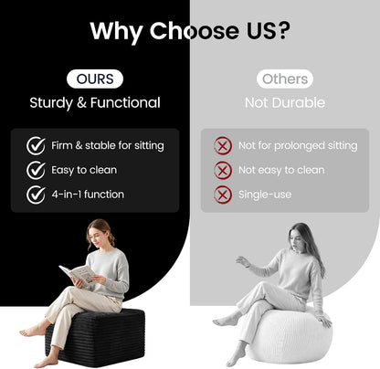 27.6" Floor Ottoman, Plush Corduroy Ottoman Foot Rest for Couch in a Box, Compressed Soft Foam Footrest No Assembly Require, Large Square Footstool for Living Room, Bedroom, Black