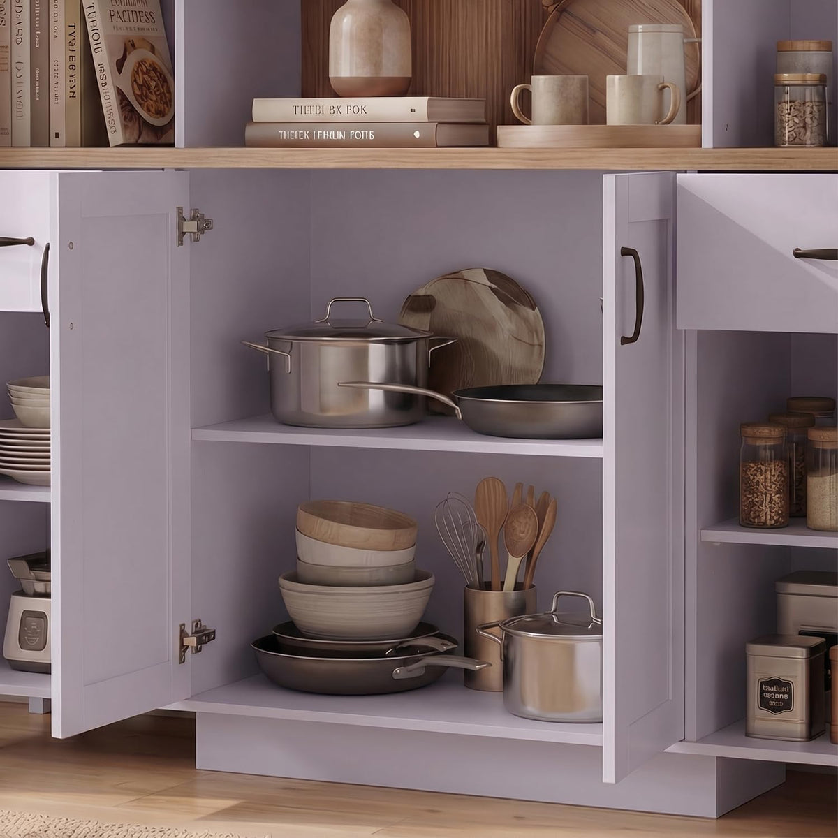 Timechee 78.7" Tall Farmhouse Kitchen Pantry Storage Cabinet, Kitchen Cupboard with Storage Drawers, Large Buffet Sideboard Cabinet with Doors and Adjustable Shelves for Dining Room, White & Oak