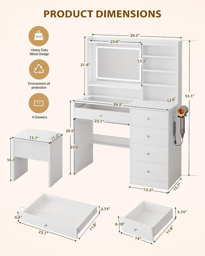 LIVELYGLOW 39.4" White Vanity Desk Set with Glass Desktop & RGB Light Strip | Smart LED Mirror, Charging Station, Cushioned Stool, Hairdryer Rack, 4 Drawers