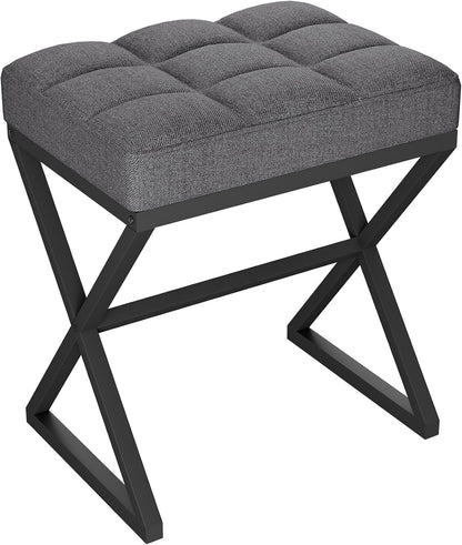 YMYNY Vanity Stool, Linen Footrest, Ottoman Bench with X-Shaped Metal Legs, Makeup Dressing Stool for Vanity, Living Room, Bedroom, Entryway, Hallways 15.74" D×11.81" W×18.11" H Grey UHBD033G