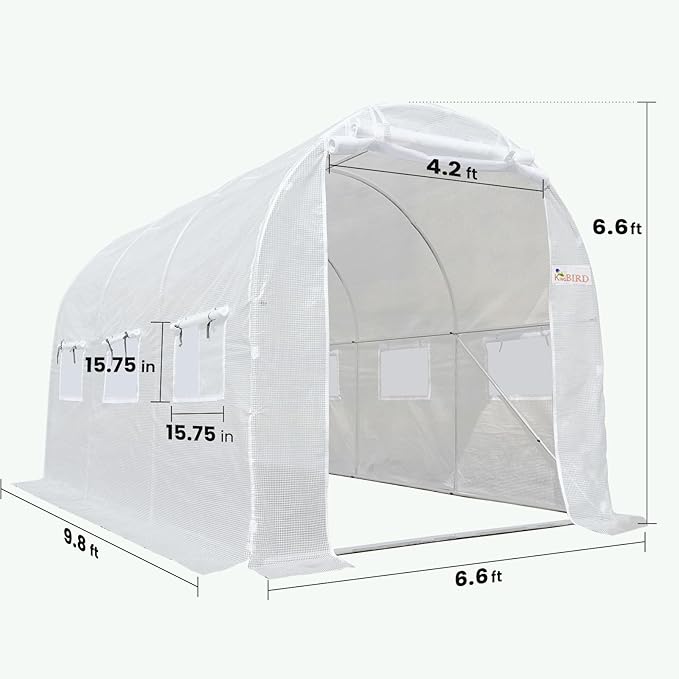 KING BIRD Premium 10x6.6x6.6FT Greenhouse for Outdoors, Large Walk-in Heavy Duty Galvanized Steel Frame, Mesh Door Screen Window Upgraded Zipper Tunnel Hoop for Garden Plant Winter, White