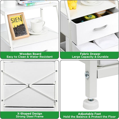 5 Drawers White Tall Fabric Dresser for Bedroom, Dorm Nightstand | Vertical Storage Tower Closet Organizer, Skinny Narrow Bedside Table for Entryway, Steel Frame, Wooden Top
