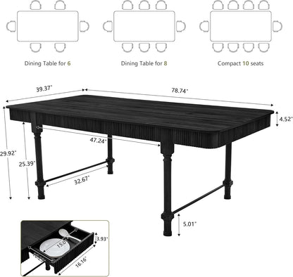 78 Inch Fluted Kitchen Dining Table for 6 8 10, Large Rectangular Kitchen Table with Drawers, Mid Century Modern Long Dinner Table Dining Room Tables with Solid Wood Legs for Home Living Room, Black