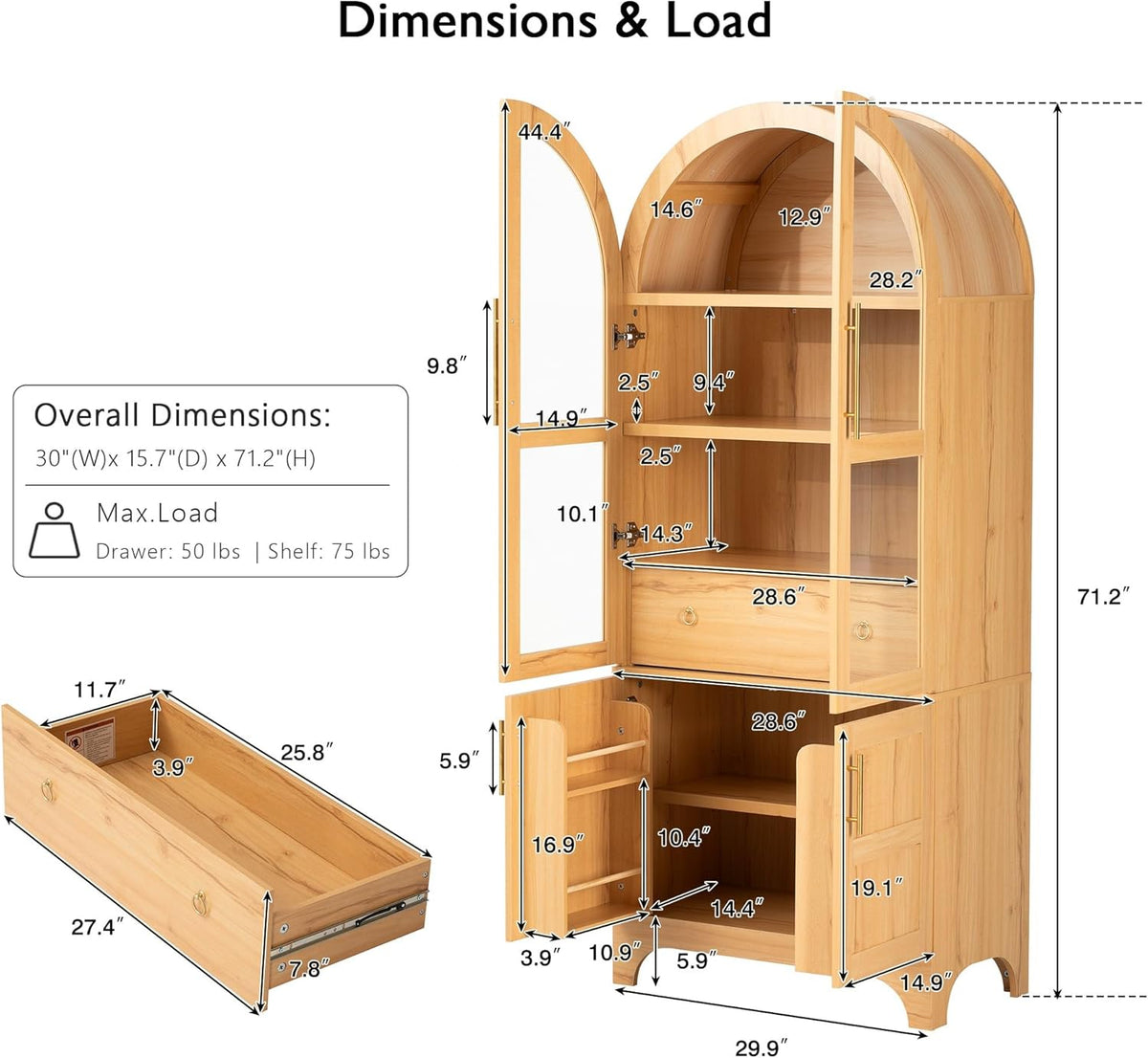 71" Tall Farmhouse Arched Pantry Cabinet with 4 Door Shelves, Adjustable Storage & Hidden Drawer - Rustic Kitchen Cupboard with Glass Door, Dining Room Organization (30"W x 15.75"D) (Natural)