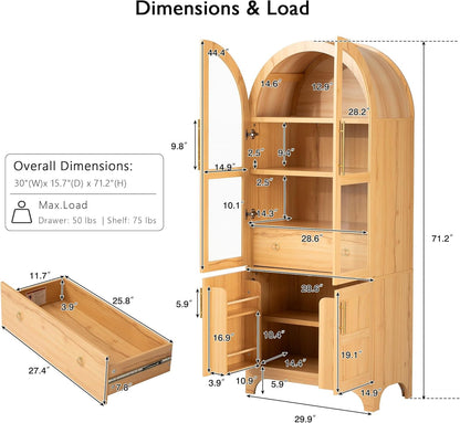 71" Tall Arched Kitchen Pantry Cabinet with Door Shelves, Farmhouse Kitchen Storage Cabinet with Open & Adjustable Shelves, Hidden Drawer & Glass Door, Cupboard for Kitchen, Dining Room, Natural