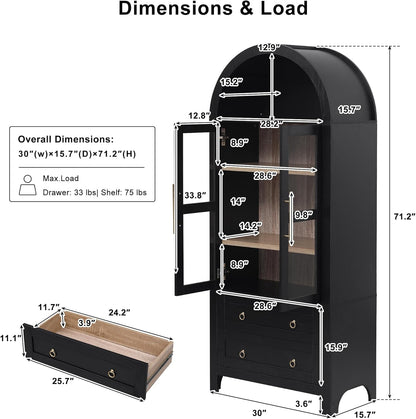71" Tall Arched Kitchen Pantry Cabinet with 2 Drawers & Glass Doors, Modern Farmhouse Freestanding Storage Cabinet with Adjustable Shelves for Kitchen, Dining Room, Home Organizer(Black)