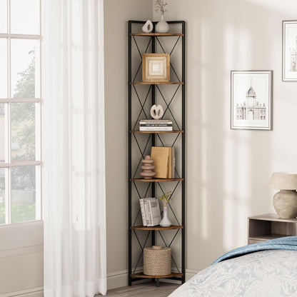 6 Tier Corner Shelf Stand, 78" H Tall Industrial Corner Bookshelf for Living Room Decor, Metal Corner Shelf, Plant Stand Display Shelf for Bedroom, Bathroom, Small Space, Rustic Brown