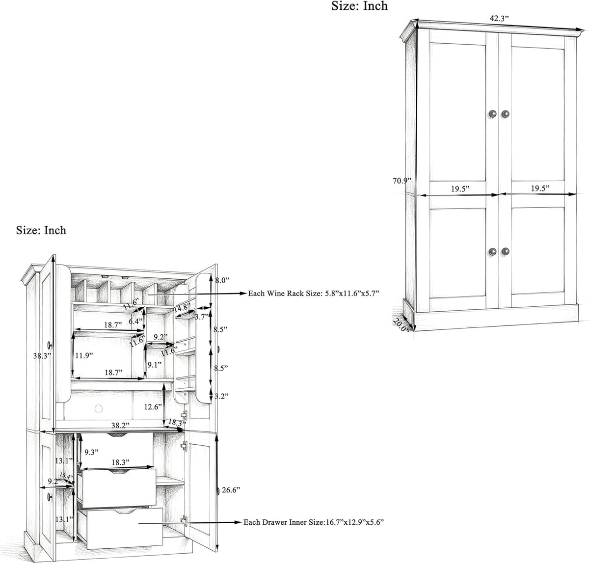 70.9" Tall Kitchen Pantry Cabinet with 4 Doors 3 Drawers 6 Wine Racks & Removable Shelves, Freestanding Storage Cabinets with Built-in Workstation for Kitchen Dining Room Living Room(White)
