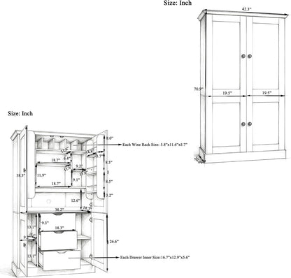 Freestanding Kitchen Pantry,Tall Storage Workstation with 4 Doors, 6 Door Shelves, Removable Shelves and 6 Wine Racks for Dining Room (Grey-FK)
