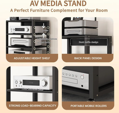 5 Tier AV Media Stand, Audio Rack Tower Stereo Components Cabinet | Home Theatre CD Record Player Stereo Receiver Equipment Rack with Adjustable Wood Shelves, Load 220lbs (Black)