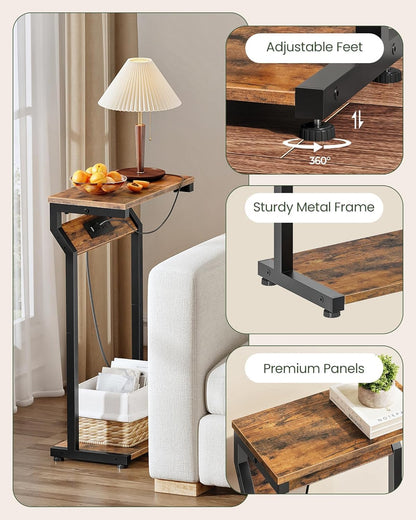 CHOEZON Narrow Side Table with Charging Station, 27" Skinny End Table for Small Spaces, Couch Table with Storage, Slim Tray Table with USB Ports, for Living Room, Bedroom, Rustic Brown TBZ27UBF