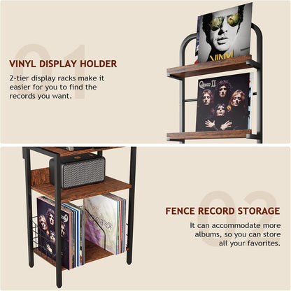 Record Player Stand with Power Outlet, Turntable Stand with 2-Tier Vinyl Record Storage, Record Player Table Up to 200 Albums, End Table for Vinyl Record Holder for Living Room