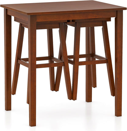 Giantex Bar Table and Chairs Set - 3-Piece Counter Height Dining Table Set with Hangable Bar Stools, Wood Veneered Tabletop, Rubber Wood Legs, Space Saving Dinette Set, Breakfast Nook Table Set, Brown