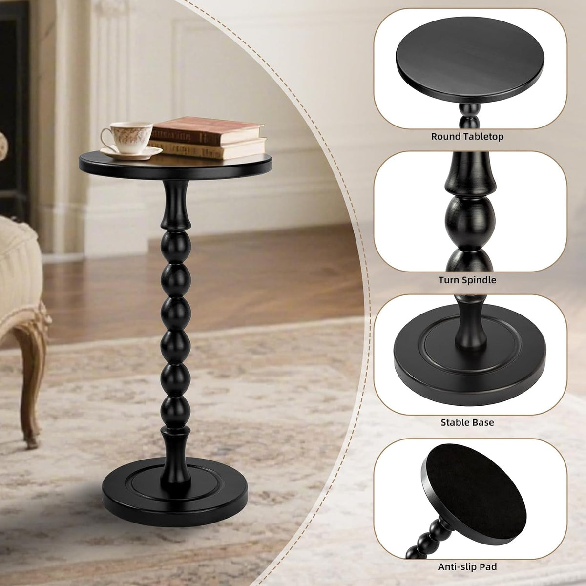 Round Side Table for Small Spaces, Drink Table with Oak Wood Pedestal, Modern End Table Nightstand for Living Room, Bedroom, Office, and Corners, Tool-Free Assembly, Black