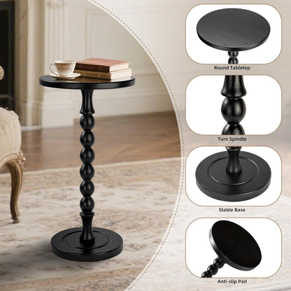 Round Side Table for Small Spaces, Drink Table with Oak Wood Pedestal, Modern End Table Nightstand for Living Room, Bedroom, Office, and Corners, Tool-Free Assembly, Black