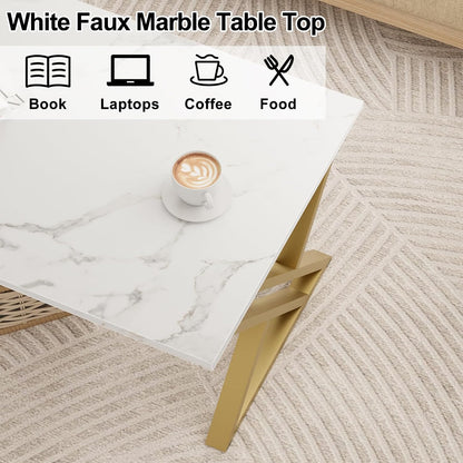 Wolawu Coffee Table Living Room Table White Center Table, Modern Faux Marble Rectangular Tea Tables with Sturdy Gold Metal Frame,Industrial Wooden Coffee Table for Bedroom Home Office