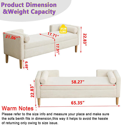 Corduroy Bed End Ottoman Bench with Storage,Upholstered Storage Benches with Back and Arms,65.35" Long Armed Storage Bench for Living Room,Bedroom,Entryway,Window (Ivory White, 65.35“)