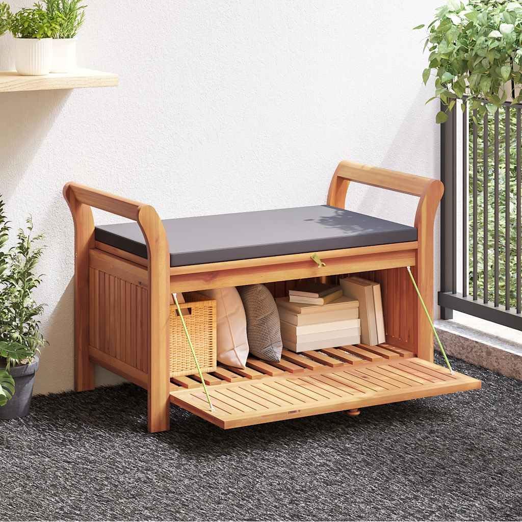 Outdoor Storage Bench with Cushion, Acacia Wood Garden Entryway Seating with Ample Interior Storage Space, 35.8-inch Deck Box Seat for Patio Porch Backyard
