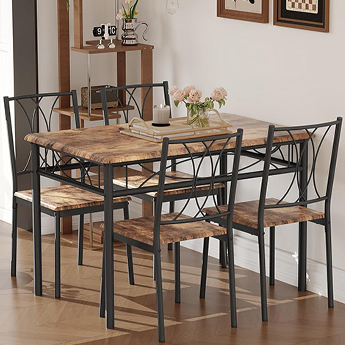 GarveeHome Dining Table Set for 4, Rectangle Compact Dining Table and Chairs Set, Small Kitchen Table Set with 4 Wood Chairs for Apartment, Rustic Brown