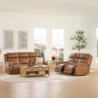 Watson & Whitely Genuine Leather Power Recliner Sofa & Loveseat Set, Saddle | Wall Hugger Reclining Sofas, Power Headrest, Center Storage Console, Charging Ports, Cup Holders, Living Room Furniture Set