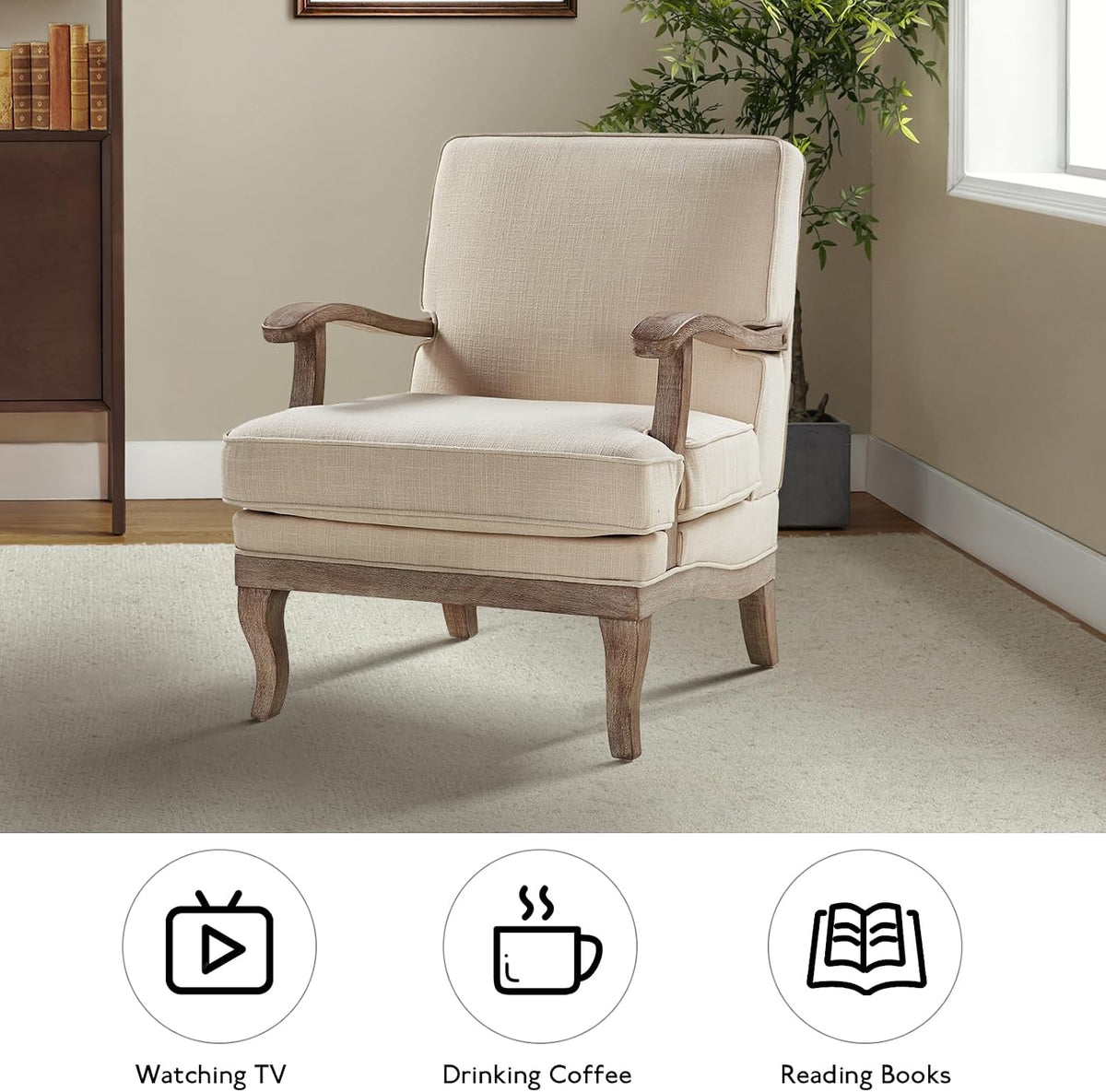 HULALA HOME Mid-Century Modern Accent Chairs Set of 2, Upholstered Lounge Arm Chair with Solid Wood Legs and Armrest, Removable Cushion Comfy Reading Armchair for Living Room, Bedroom, Balcony, Linen