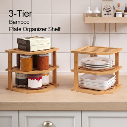 VERTORGAN 3 Tier Bamboo Corner Shelf(2 Pack),Plate Organizer,Dish Drying Rack,Kitchen Spice Rack for Countertop and Cabinet