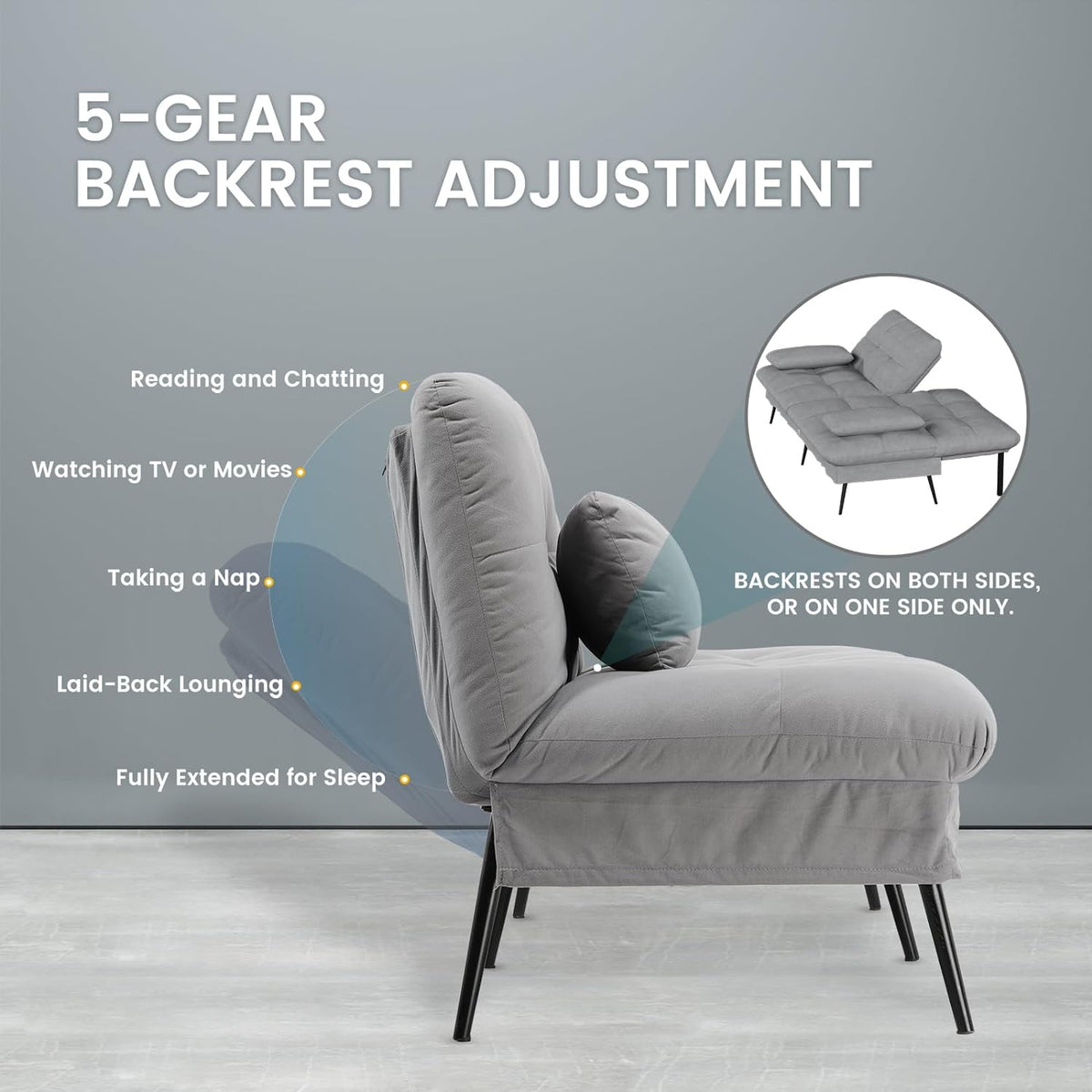 COMHOMA Convertible Futon Sofa Bed, 72″Fabric Futons Couch with Adjustable Backrest, Folding Sleeper Recliner for Living Room Furniture (Grey)