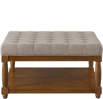 Large Square Upholstered Tufted Linen Ottoman Coffee Table, Large Footrest Ottoman with Solid Wood Shelf- Linen