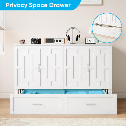 Mjkone 64" Width Queen Size Murphy Bed Cabinet with USB Charging Station, Guest Cabinets Bed with Large Drawers, Cube Cabinet Chest Beds for Bedroom, Home Office, Mattress Not Included, White