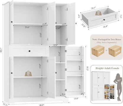 HOSTACK 68" Tall Kitchen Pantry Storage Cabinet with Doors & Shelves, White | Large Pantry Cabinet with Door Rack, Freestanding Kitchen Storage Cabinet with Drawer, Food Pantry for Dining Living room