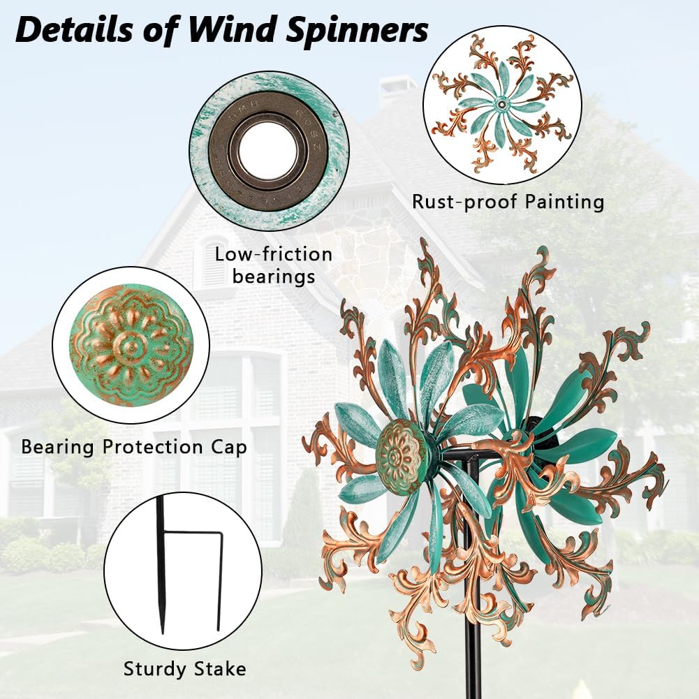 Viveta Wind Spinners Outdoor, Metal Wind Sculptures for Yard and Garden,13 * 57 "Double Windmill with Stable Stake